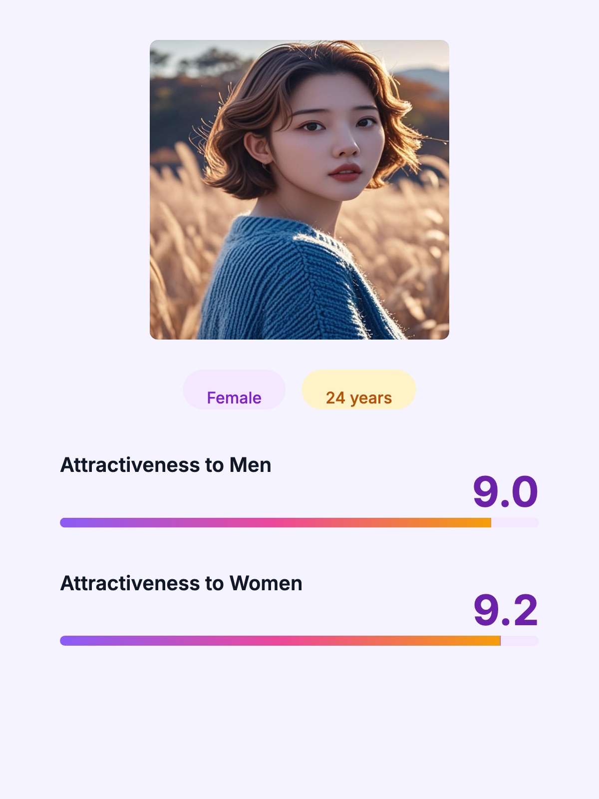Female attractiveness analysis results - AI photo rating with gender-specific beauty scores